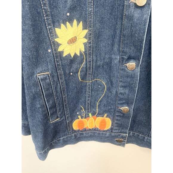 VTG Quacker Factory Denim Jacket Womens M Scarecrow Pumpkin Fall Embroidered - Picture 8 of 8